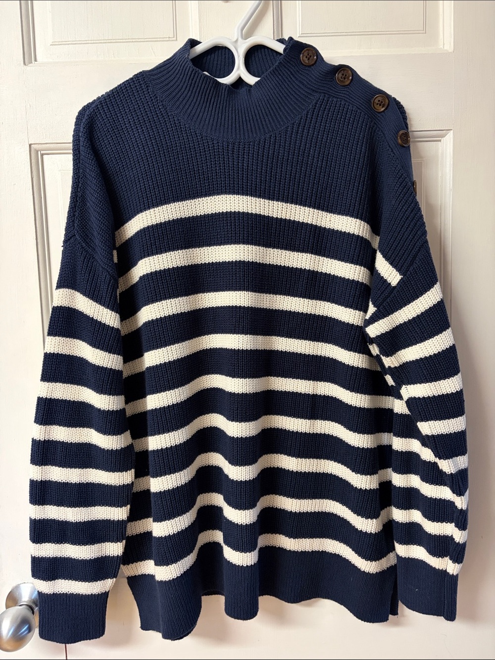 Loft navy and white striped knit sweater with shoulder button detail women’s XL